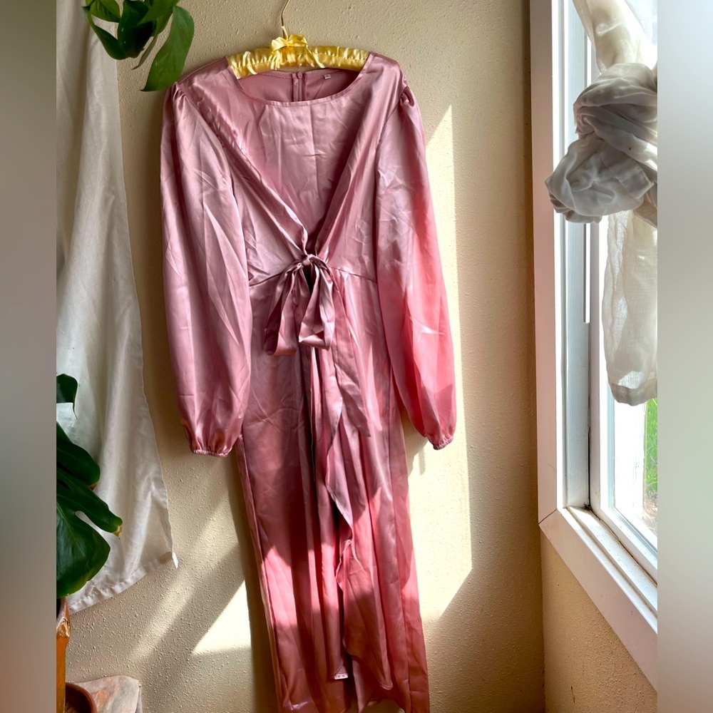 pink satin maxi formal tie front dress